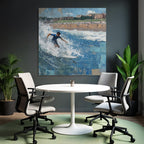 Junger Surfer Auf Einer Welle Am Strand Mit Besuchern Im Hintergrund