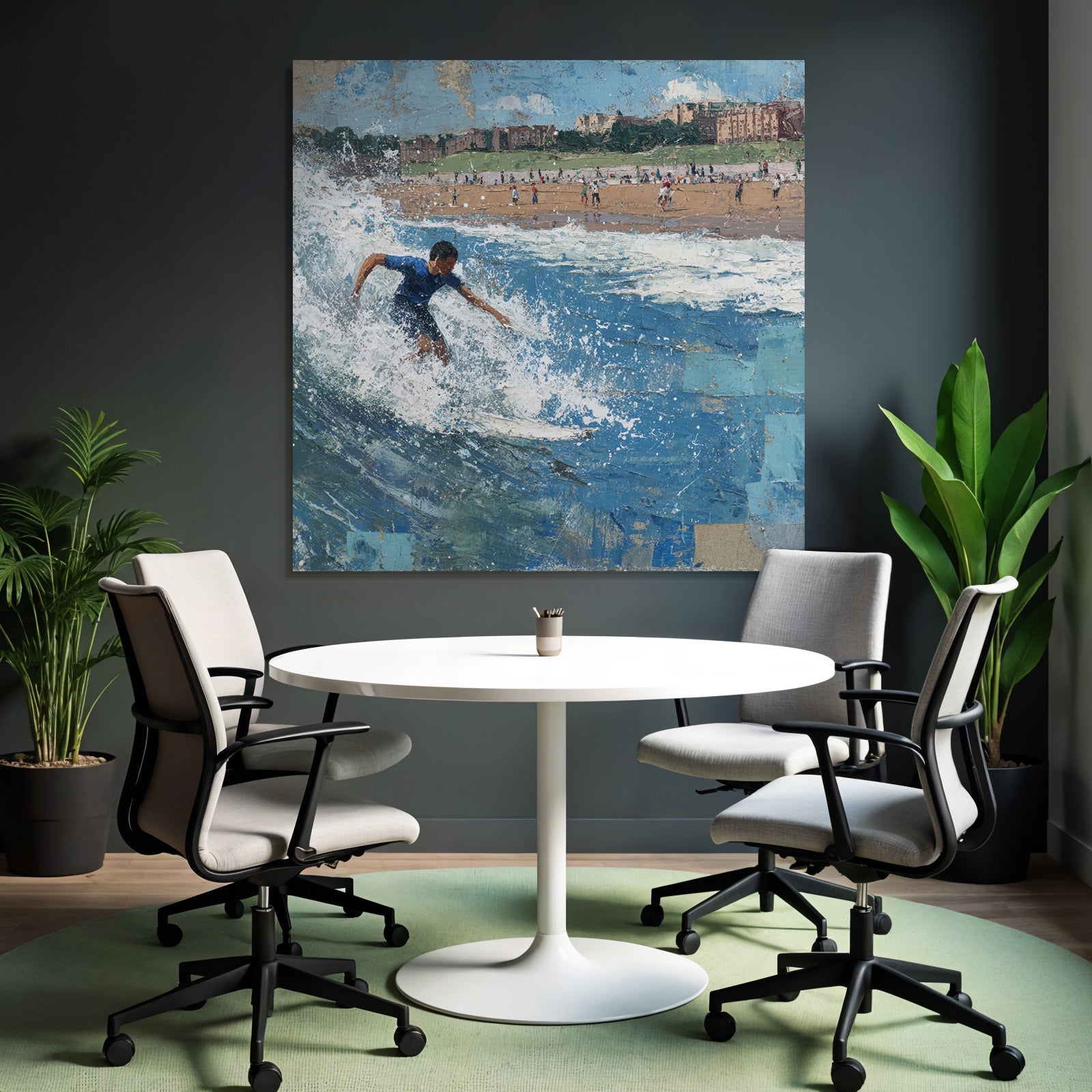 Junger Surfer Auf Einer Welle Am Strand Mit Besuchern Im Hintergrund