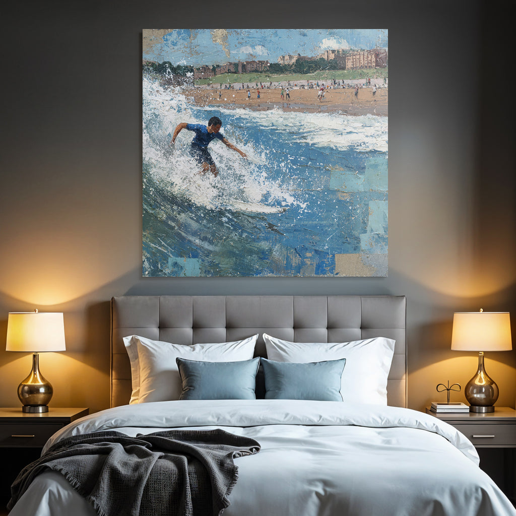 Junger Surfer Auf Einer Welle Am Strand Mit Besuchern Im Hintergrund