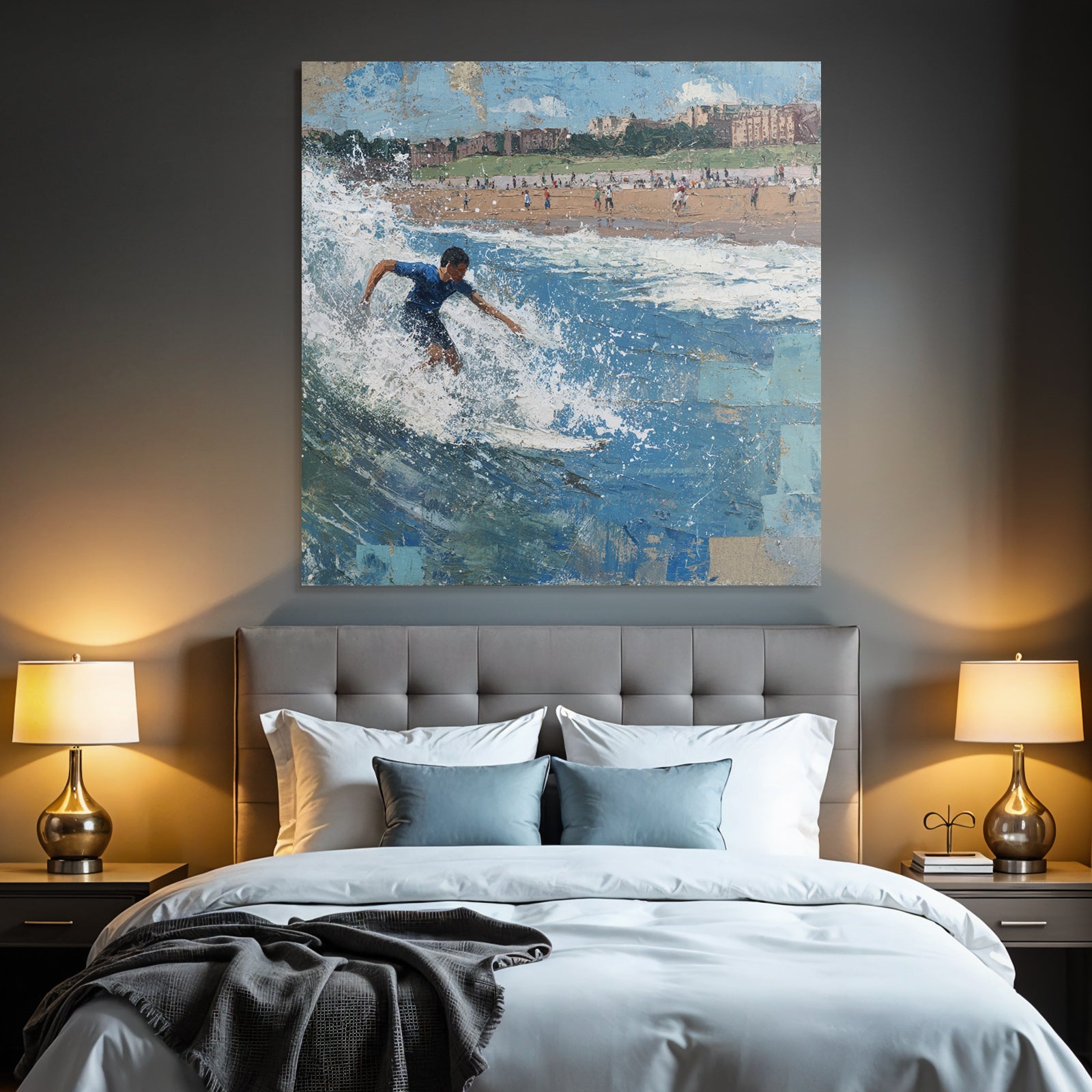 Junger Surfer Auf Einer Welle Am Strand Mit Besuchern Im Hintergrund