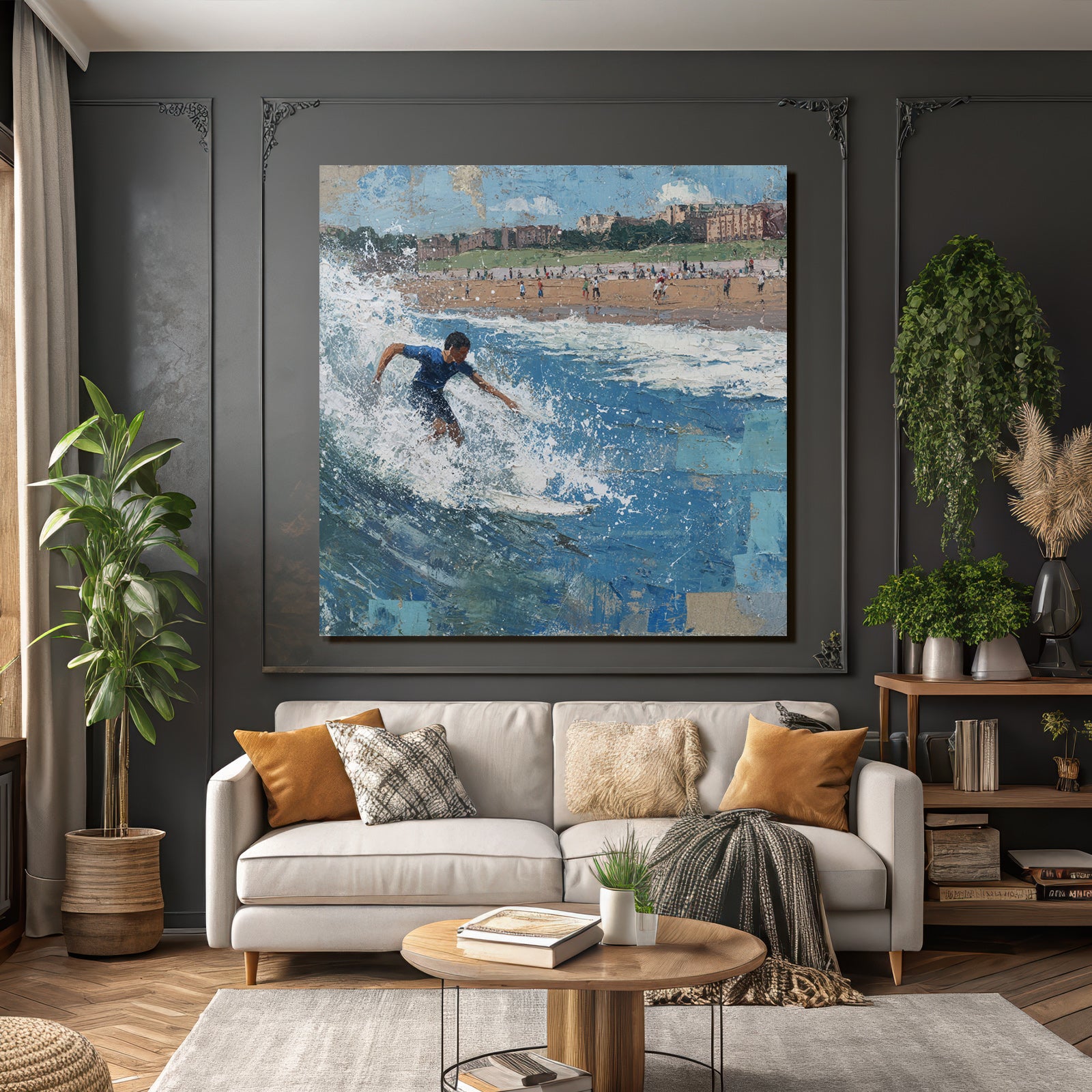 Junger Surfer Auf Einer Welle Am Strand Mit Besuchern Im Hintergrund