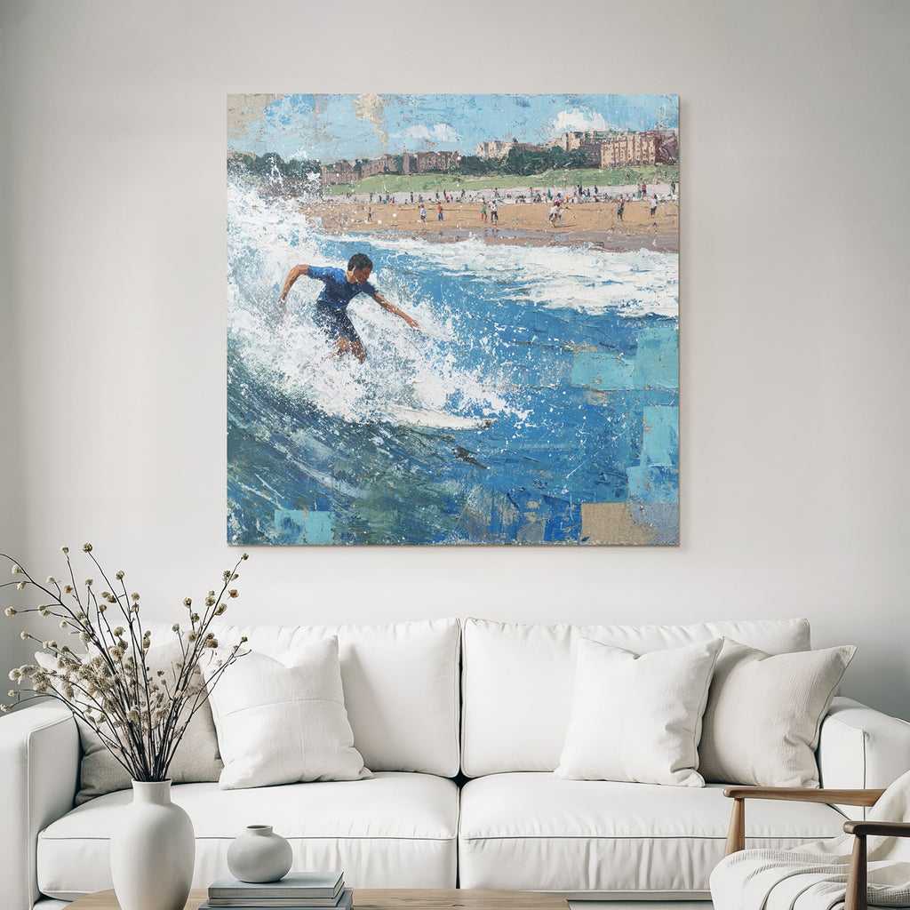 Junger Surfer Auf Einer Welle Am Strand Mit Besuchern Im Hintergrund