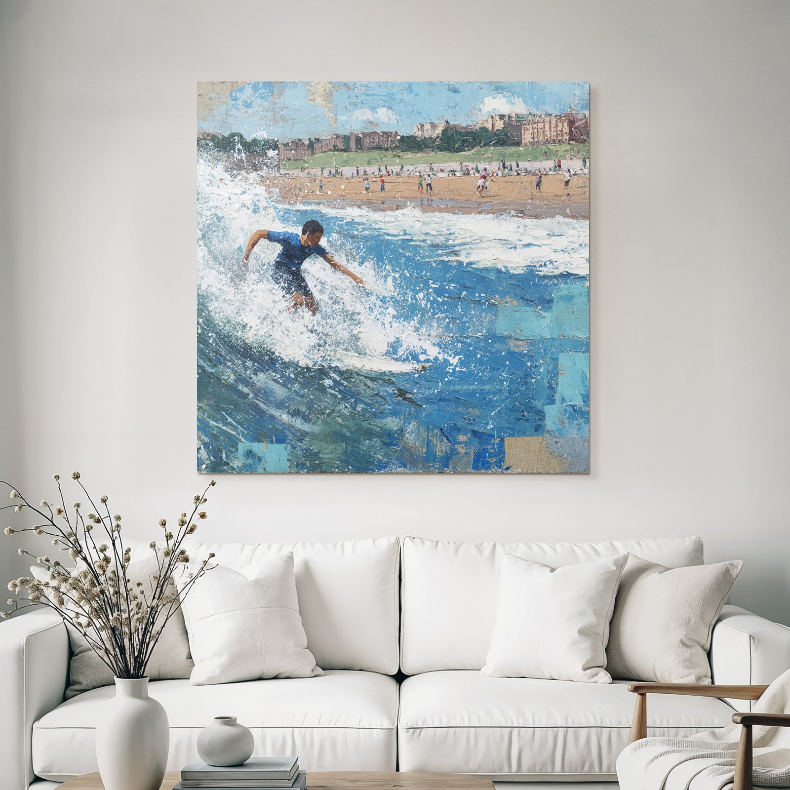 Junger Surfer Auf Einer Welle Am Strand Mit Besuchern Im Hintergrund