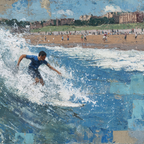 Junger Surfer Auf Einer Welle Am Strand Mit Besuchern Im Hintergrund | Sport und Bewegung | Themen und Hobbys