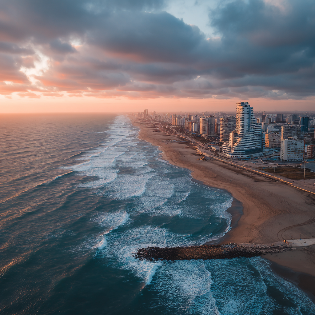 Küstenszene Beim Sonnenuntergang Strand Und Stadtansicht | Sport und Bewegung | Themen und Hobbys