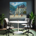 Lebhafte Strassenszene Kinder Spielen Fussball Impressionismus Sonniger Tag