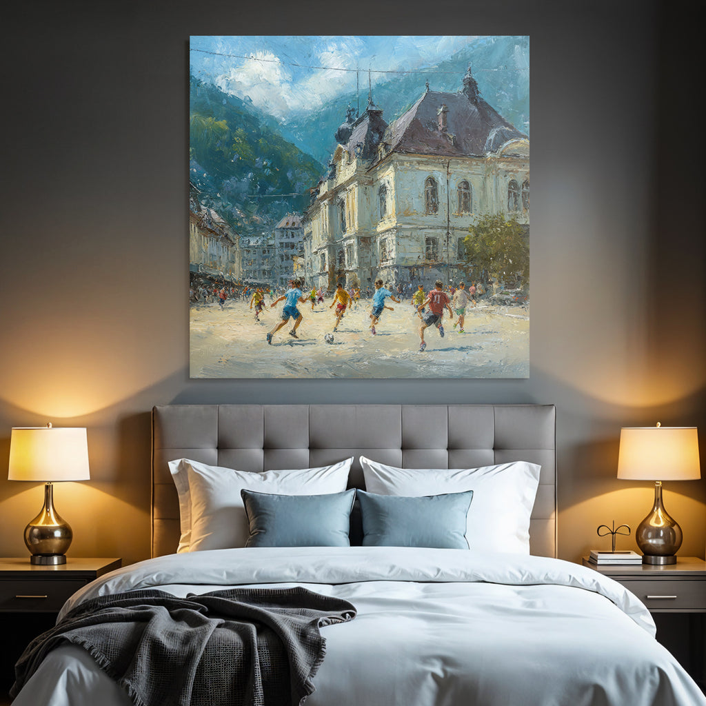 Lebhafte Strassenszene Kinder Spielen Fussball Impressionismus Sonniger Tag