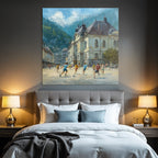 Lebhafte Strassenszene Kinder Spielen Fussball Impressionismus Sonniger Tag