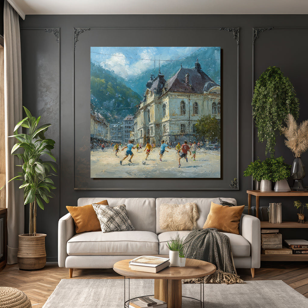 Lebhafte Strassenszene Kinder Spielen Fussball Impressionismus Sonniger Tag