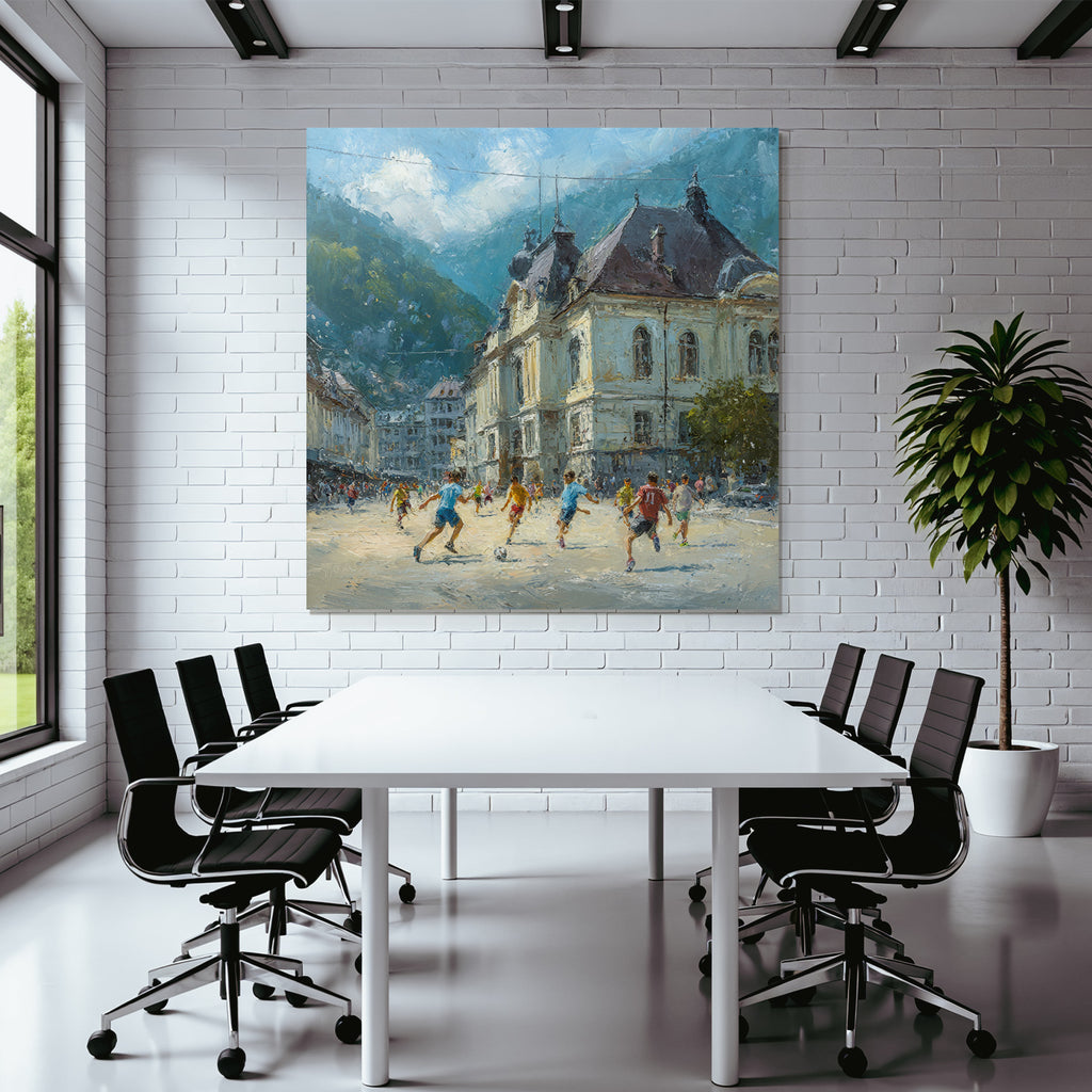 Lebhafte Strassenszene Kinder Spielen Fussball Impressionismus Sonniger Tag