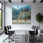 Lebhafte Strassenszene Kinder Spielen Fussball Impressionismus Sonniger Tag