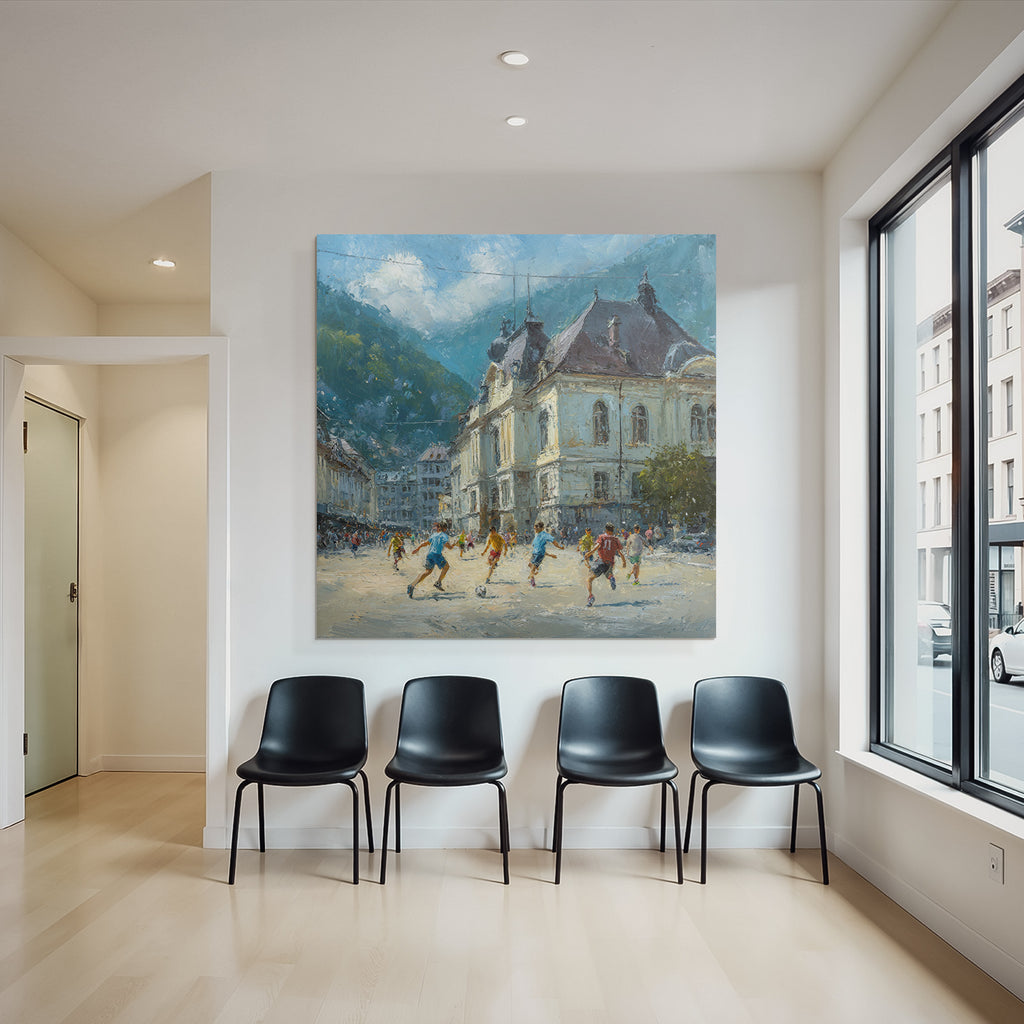 Lebhafte Strassenszene Kinder Spielen Fussball Impressionismus Sonniger Tag