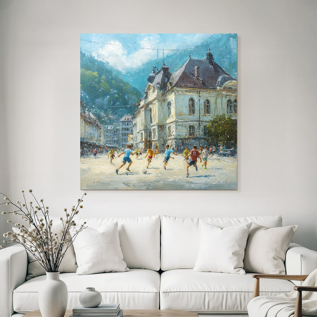 Lebhafte Strassenszene Kinder Spielen Fussball Impressionismus Sonniger Tag