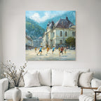 Lebhafte Strassenszene Kinder Spielen Fussball Impressionismus Sonniger Tag