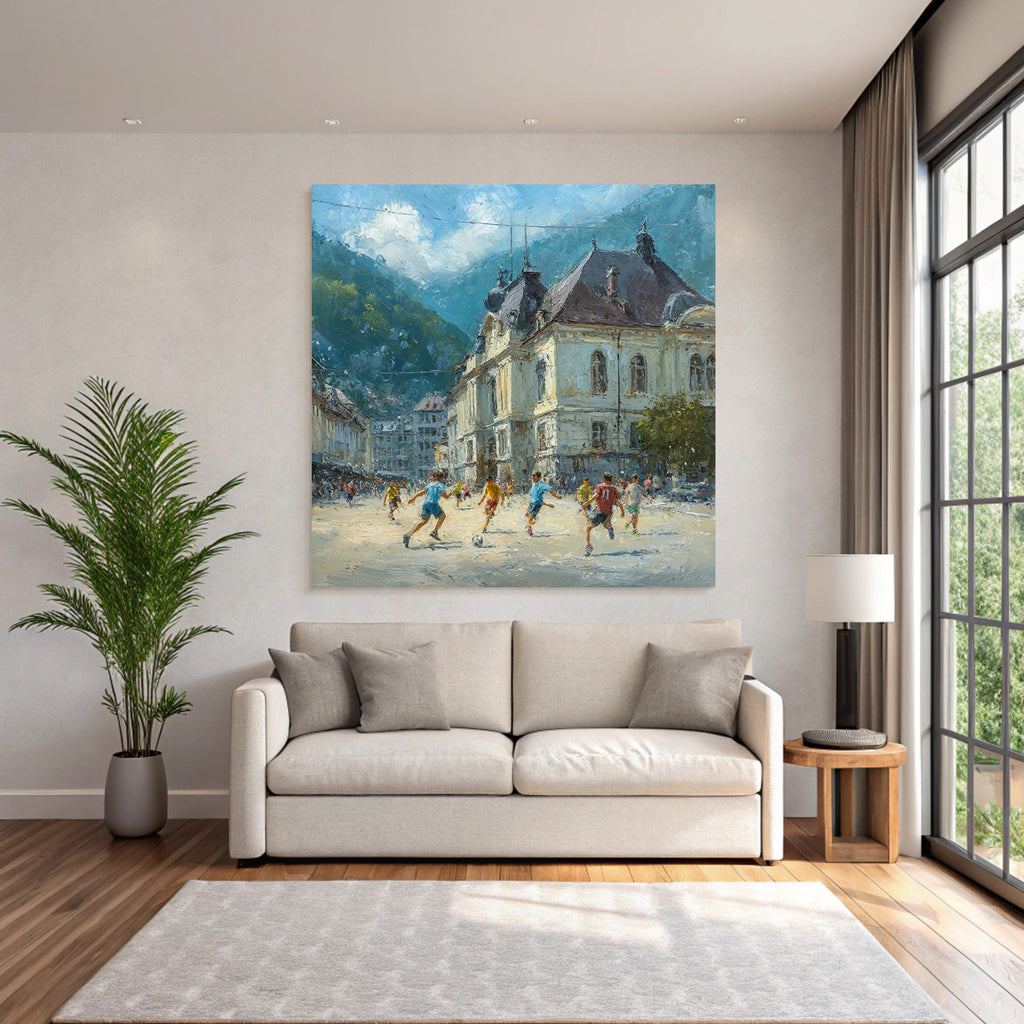 Lebhafte Strassenszene Kinder Spielen Fussball Impressionismus Sonniger Tag