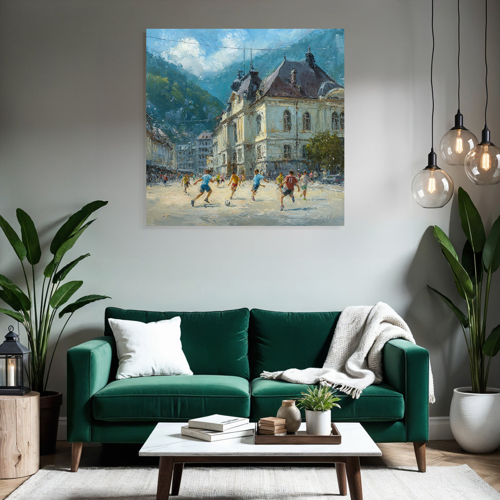 Lebhafte Strassenszene Kinder Spielen Fussball Impressionismus Sonniger Tag