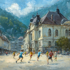 Lebhafte Strassenszene Kinder Spielen Fussball Impressionismus Sonniger Tag | Sport und Bewegung | Themen und Hobbys