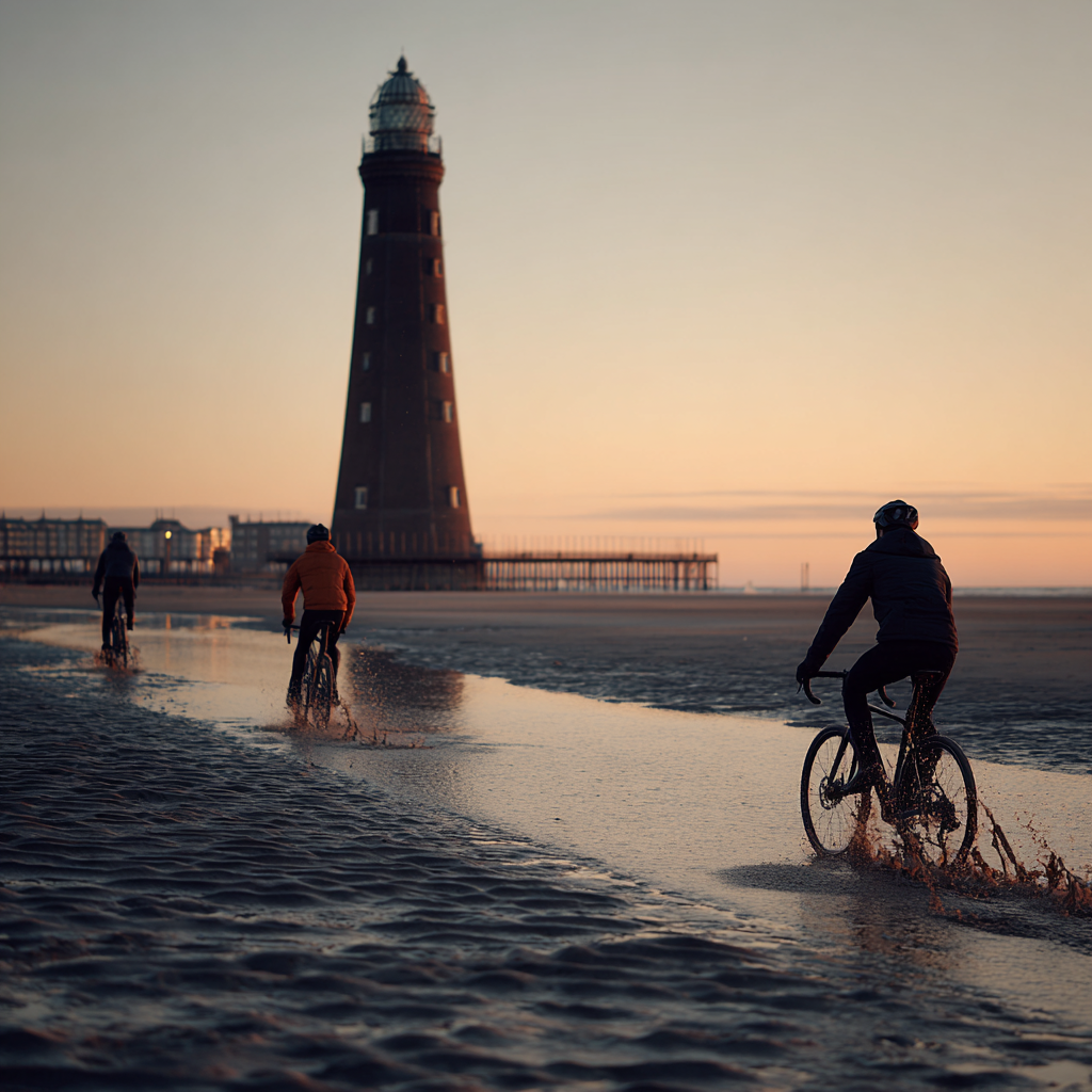 Leuchtturm Am Strand Radfahrer Bei Morgengraün | Sport und Bewegung | Themen und Hobbys