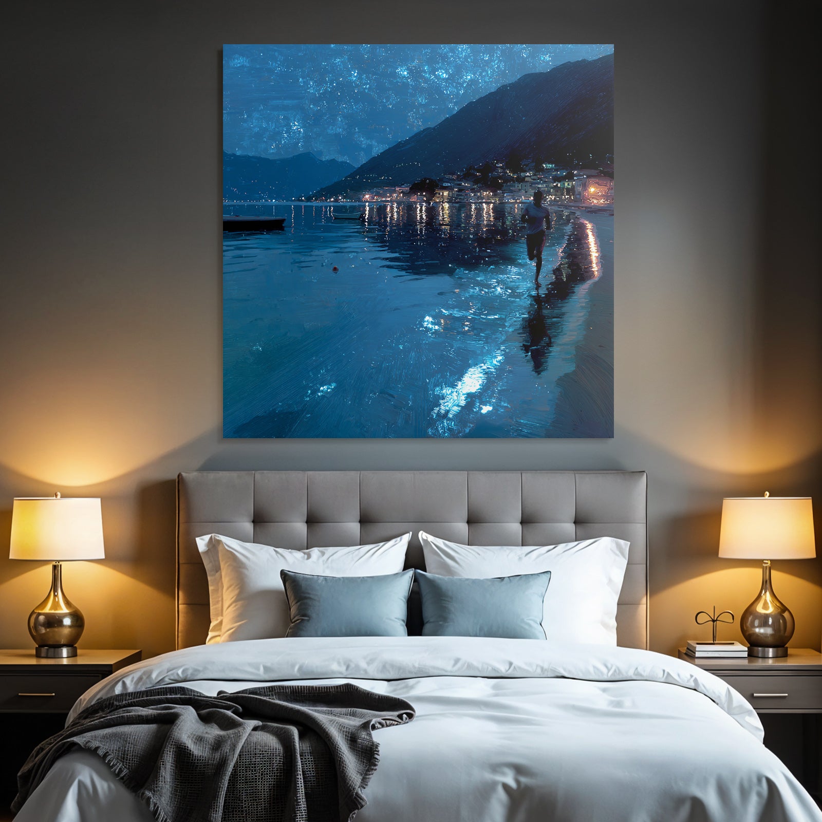 Nachtansicht Am Strand Person Laeuft Reflexionen Hügel Und Lichter