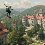 Skateboarder Sprung Trick Über Ornat Gebaude Mit Hügeln Unter Blaüm Himmel | Sport und Bewegung | Themen und Hobbys