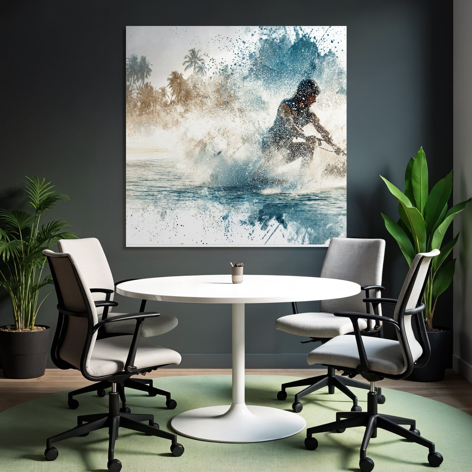 Wassersportler Auf Dem Wasser Mit Palmen Hintergrund Aquarell Stil