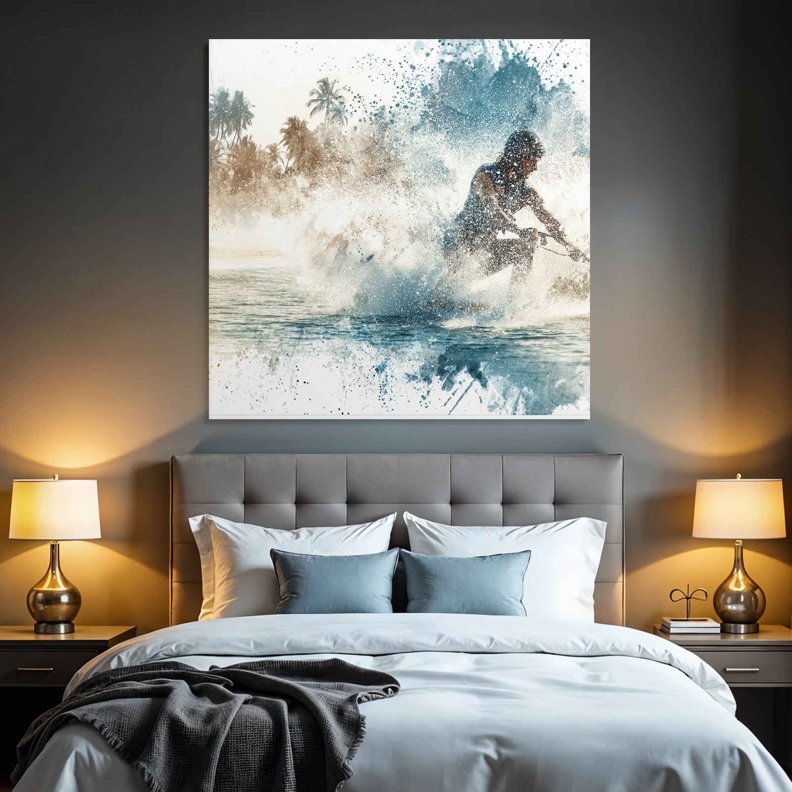 Wassersportler Auf Dem Wasser Mit Palmen Hintergrund Aquarell Stil