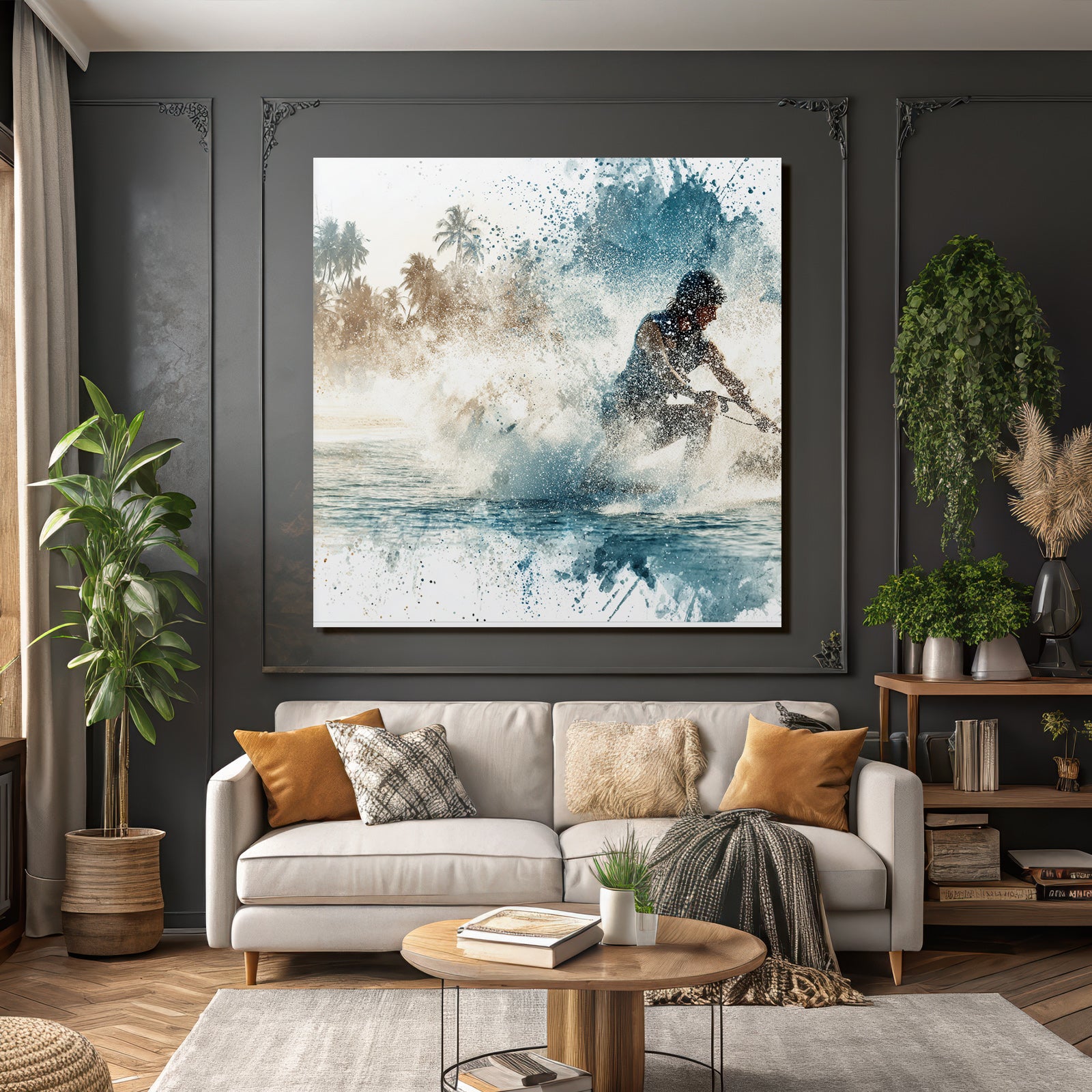 Wassersportler Auf Dem Wasser Mit Palmen Hintergrund Aquarell Stil