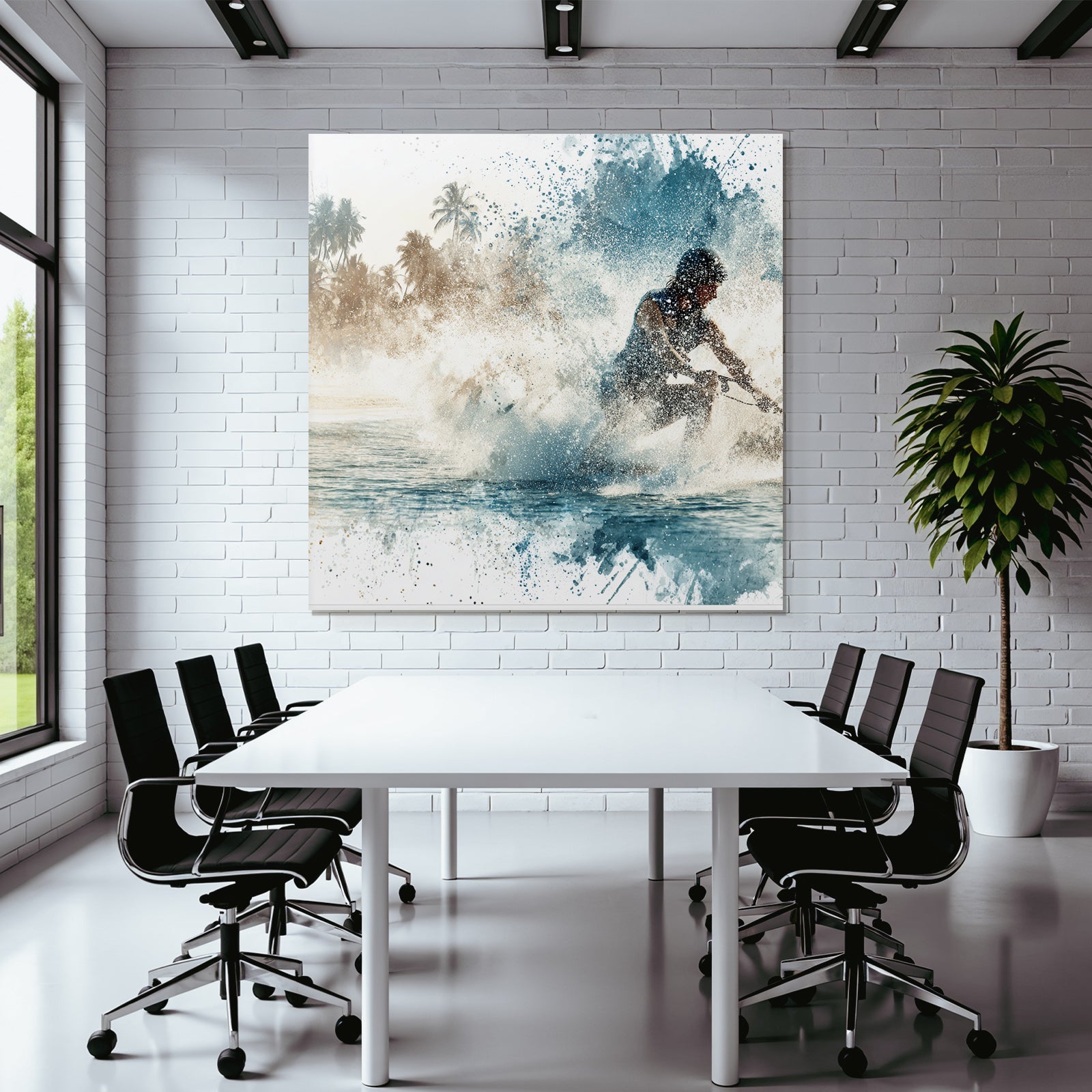 Wassersportler Auf Dem Wasser Mit Palmen Hintergrund Aquarell Stil