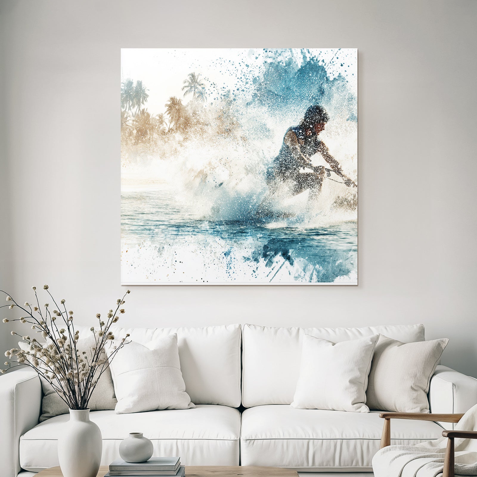 Wassersportler Auf Dem Wasser Mit Palmen Hintergrund Aquarell Stil