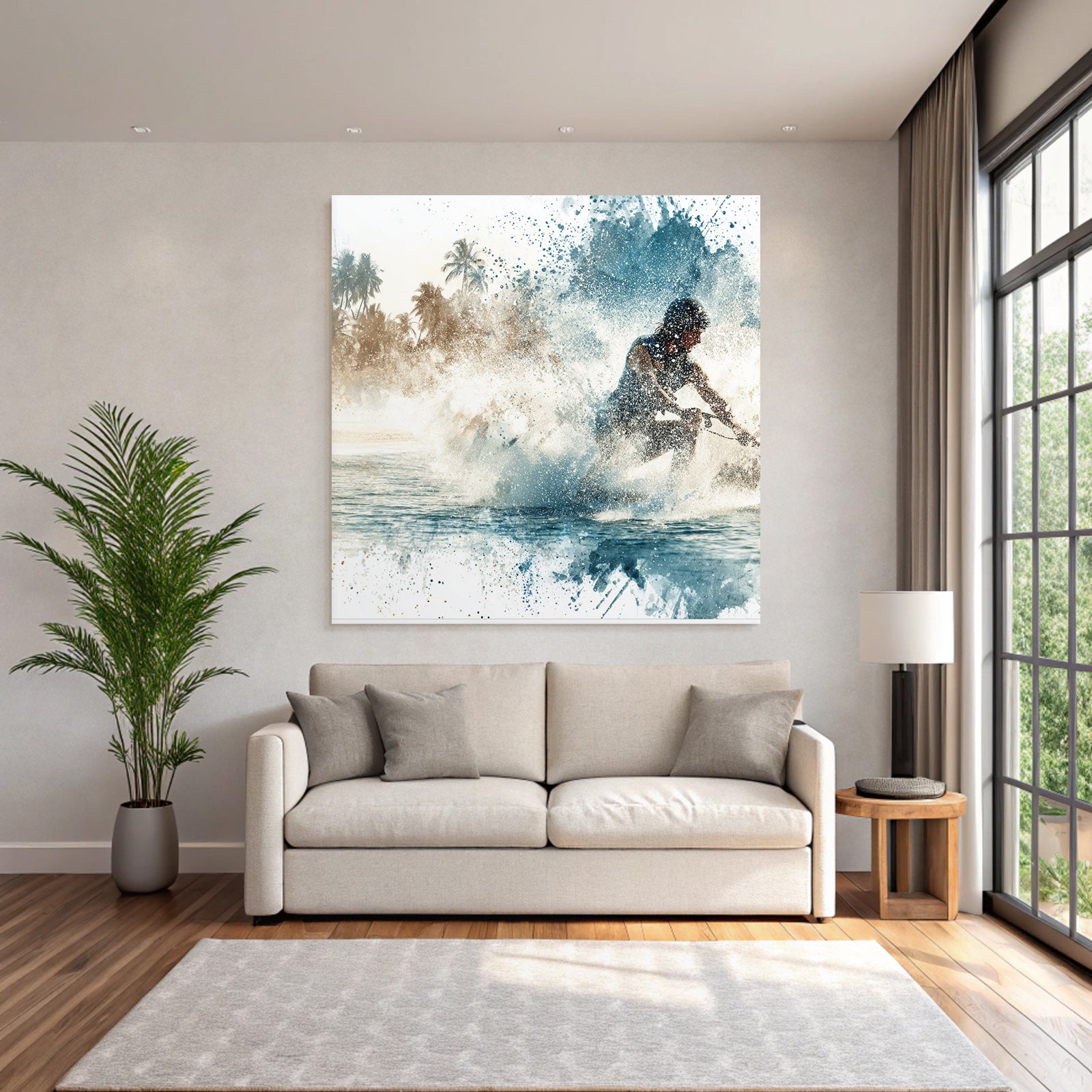 Wassersportler Auf Dem Wasser Mit Palmen Hintergrund Aquarell Stil