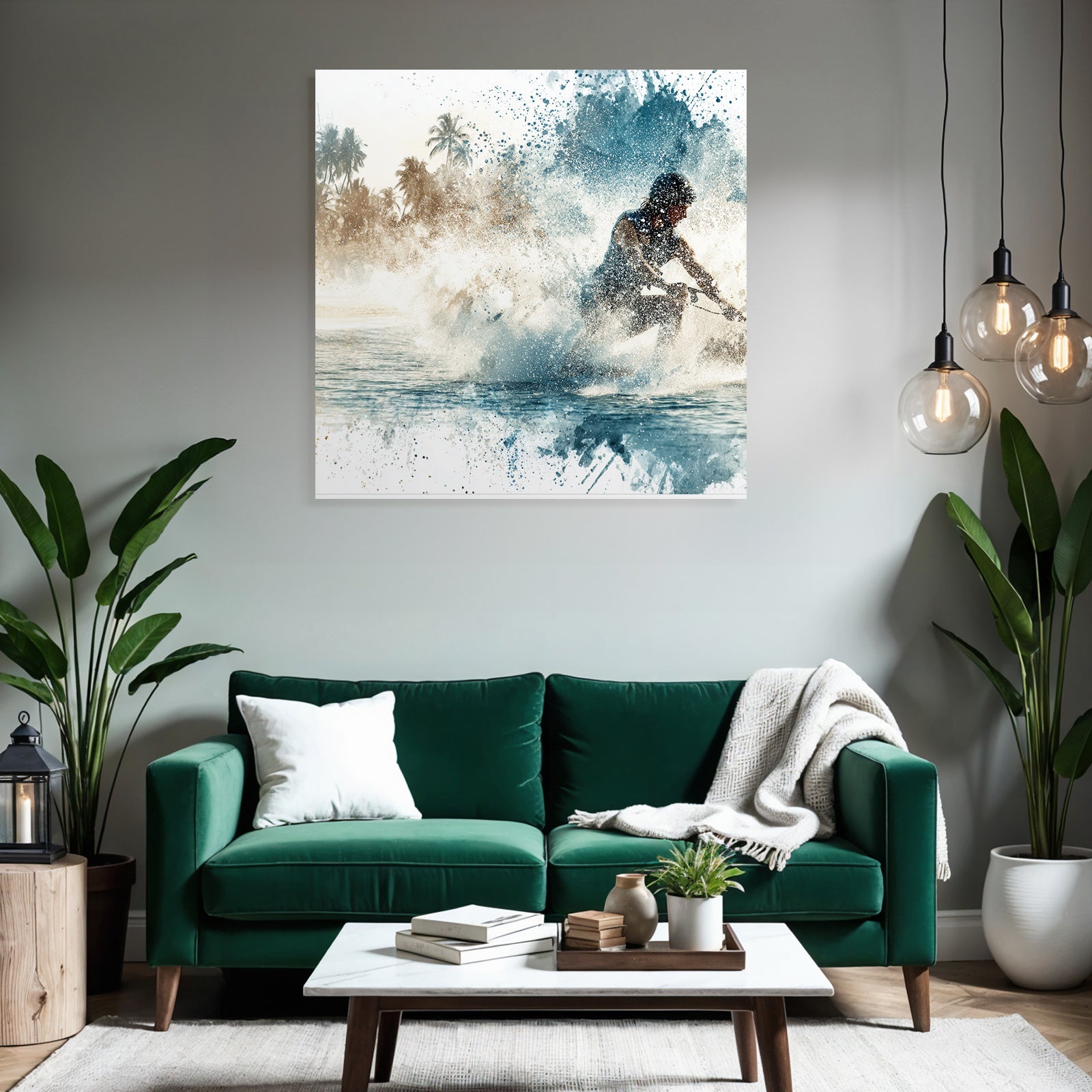 Wassersportler Auf Dem Wasser Mit Palmen Hintergrund Aquarell Stil