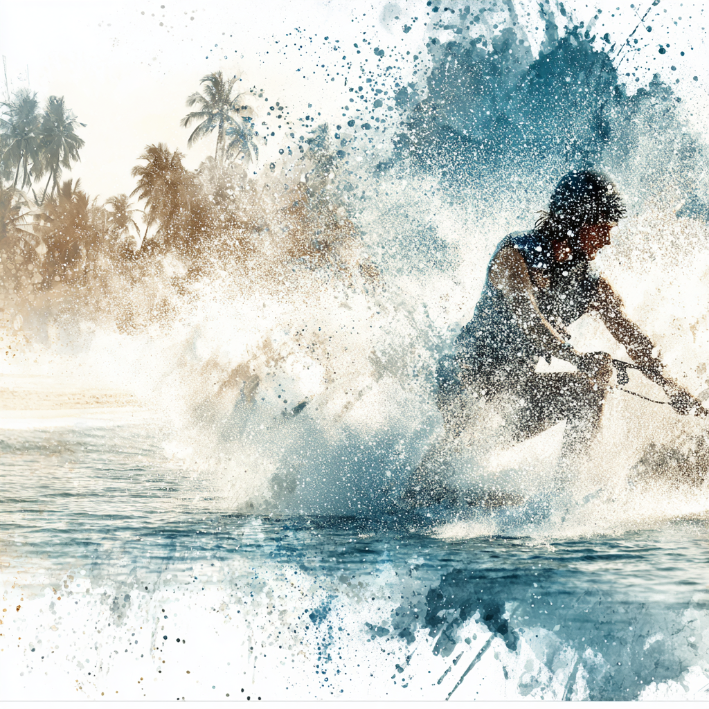 Wassersportler Auf Dem Wasser Mit Palmen Hintergrund Aquarell Stil | Sport und Bewegung | Themen und Hobbys