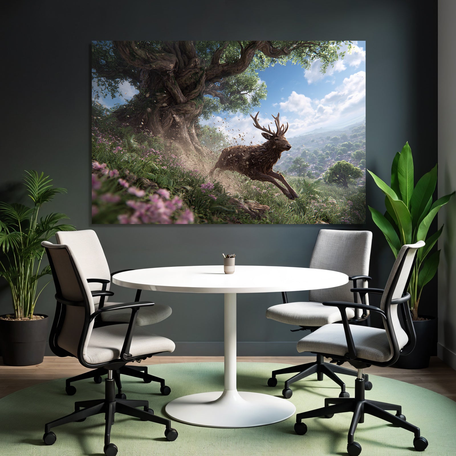 Reh Springt Durch Eine Blühende Landschaft Mit Baum Und Blumen
