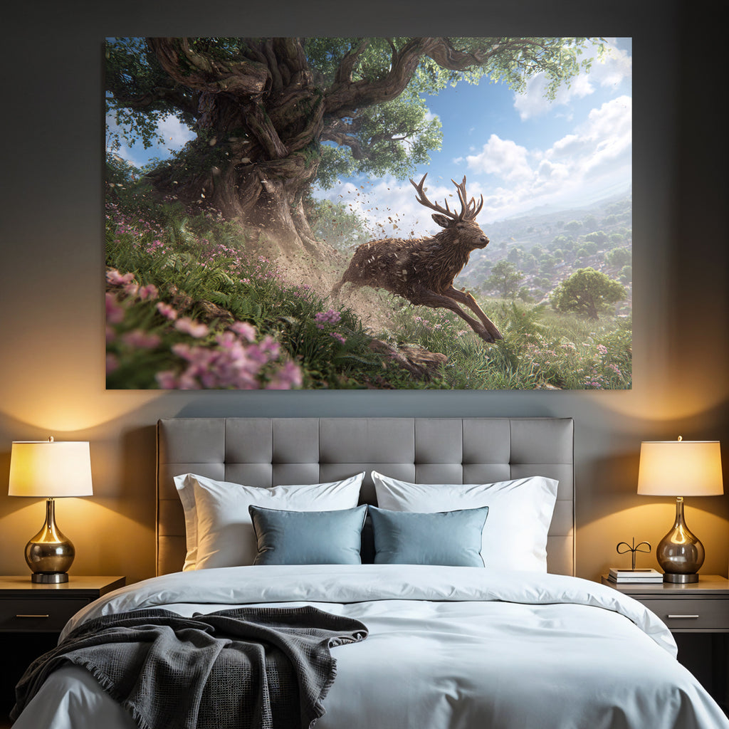 Reh Springt Durch Eine Blühende Landschaft Mit Baum Und Blumen