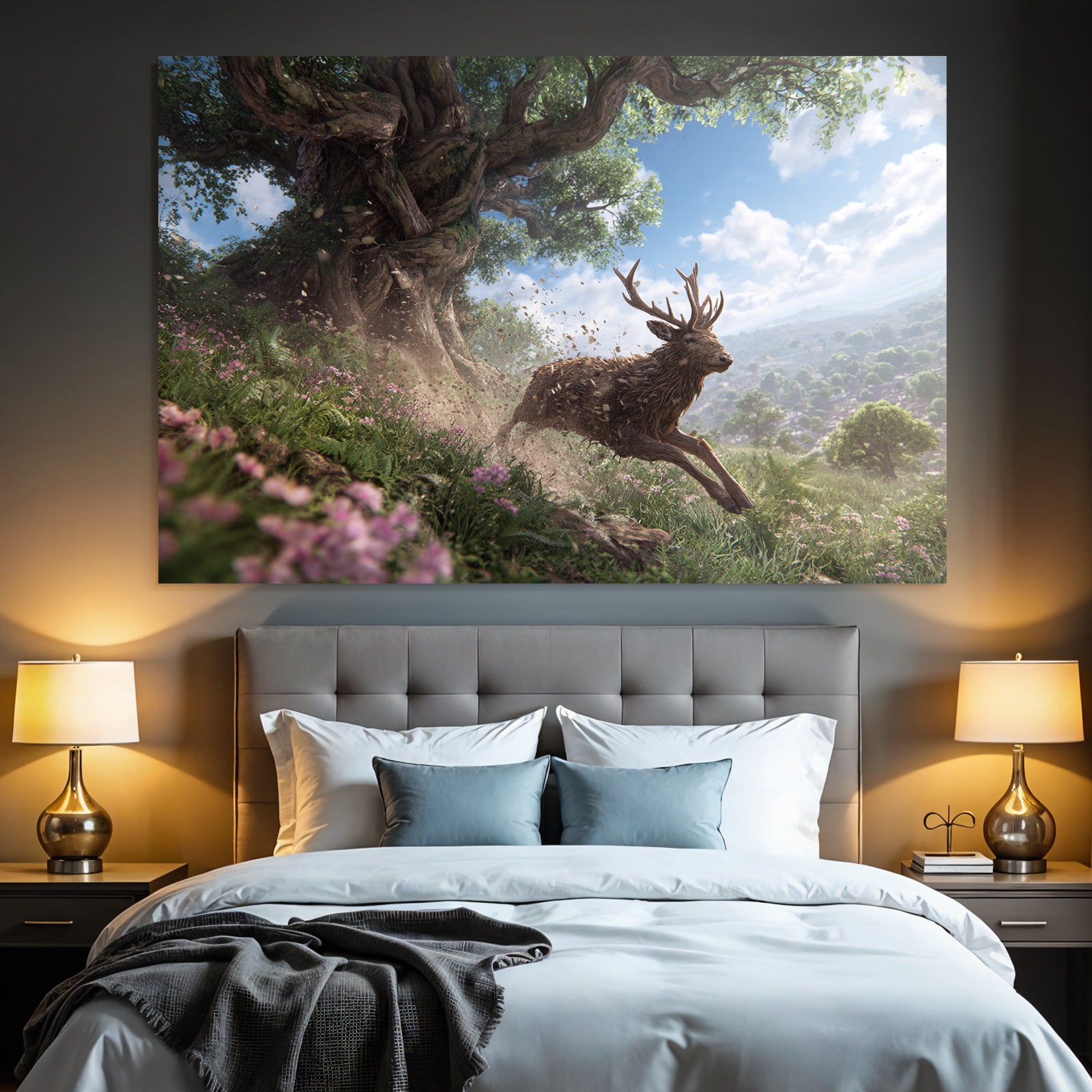 Reh Springt Durch Eine Blühende Landschaft Mit Baum Und Blumen