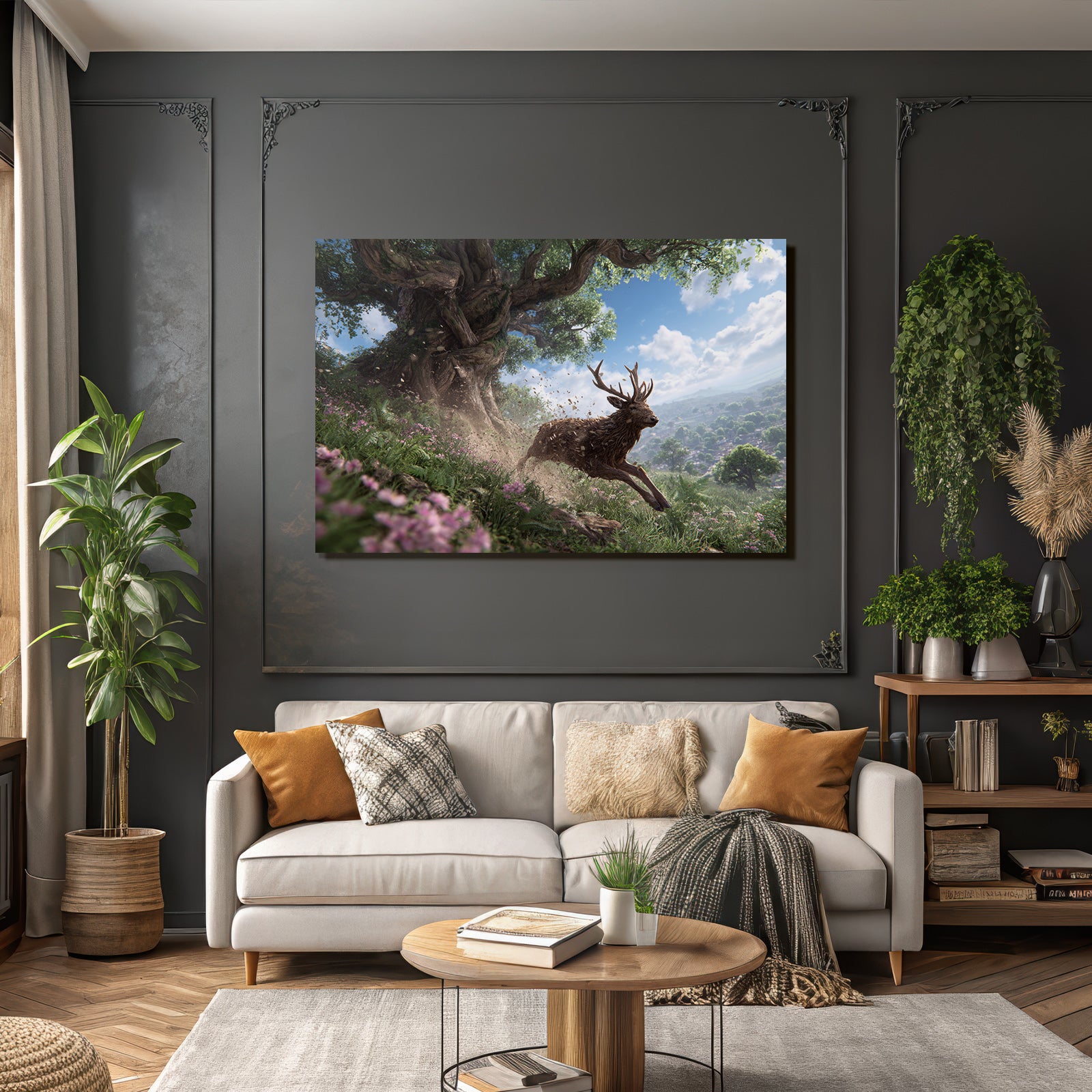 Reh Springt Durch Eine Blühende Landschaft Mit Baum Und Blumen