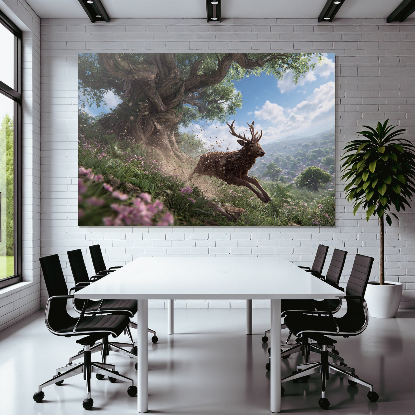 Reh Springt Durch Eine Blühende Landschaft Mit Baum Und Blumen
