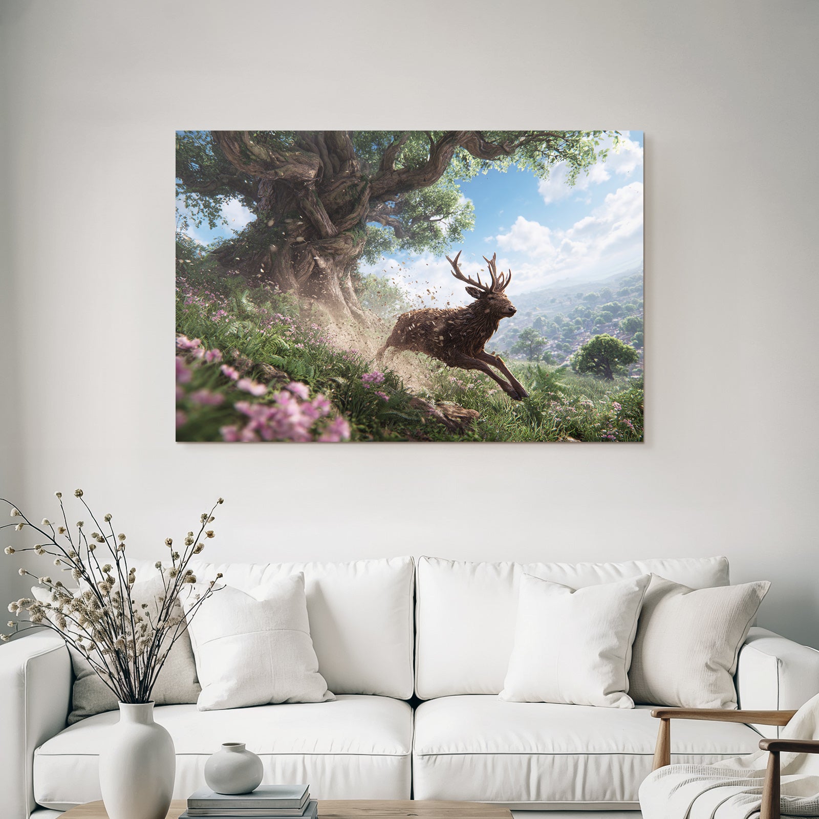 Reh Springt Durch Eine Blühende Landschaft Mit Baum Und Blumen