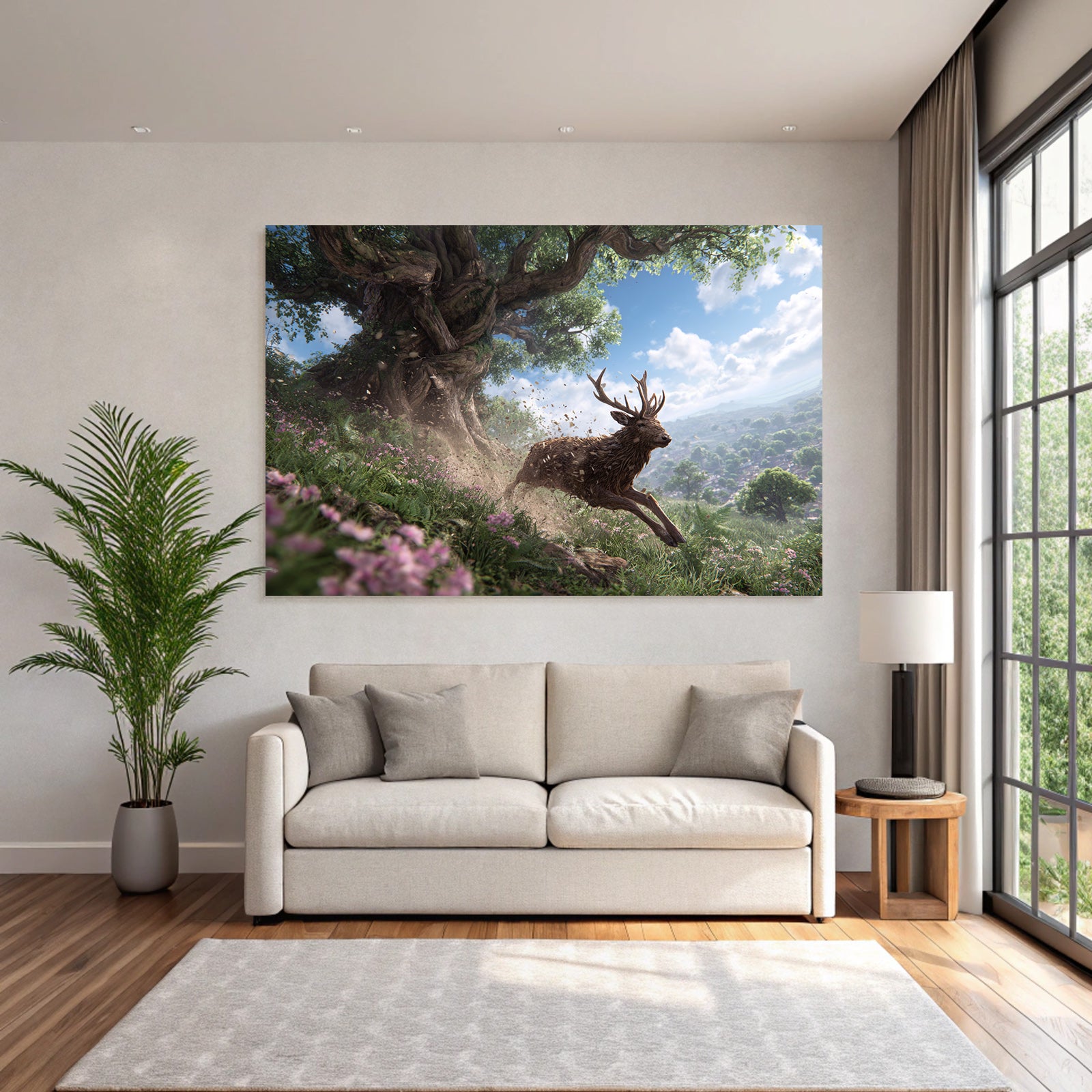Reh Springt Durch Eine Blühende Landschaft Mit Baum Und Blumen
