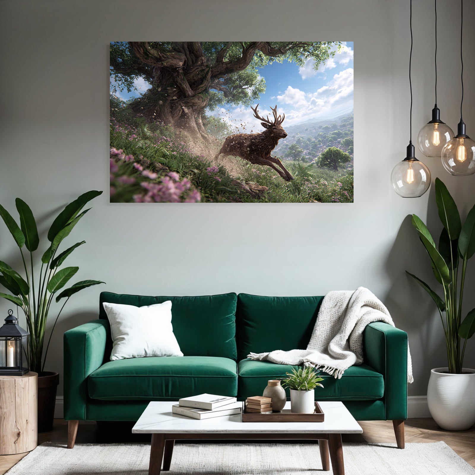 Reh Springt Durch Eine Blühende Landschaft Mit Baum Und Blumen
