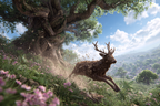 Reh Springt Durch Eine Blühende Landschaft Mit Baum Und Blumen | Sport und Bewegung | Themen und Hobbys