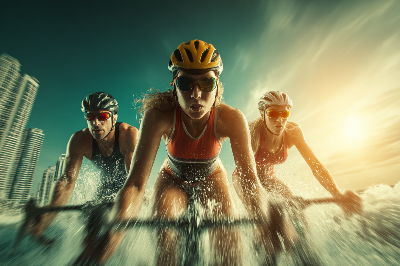 Athleten Im Stadt Rennen Mit Spritzen Und Dynamischem Hintergrund | Sport und Bewegung | Themen und Hobbys