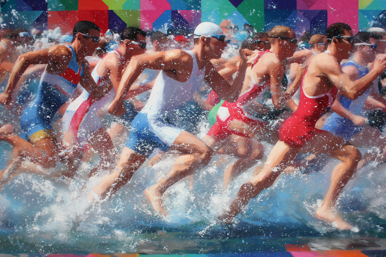 Athleten Im Wasserlauf Triathlon Event Lebendige Farben Spritzendes Wasser | Sport und Bewegung | Themen und Hobbys
