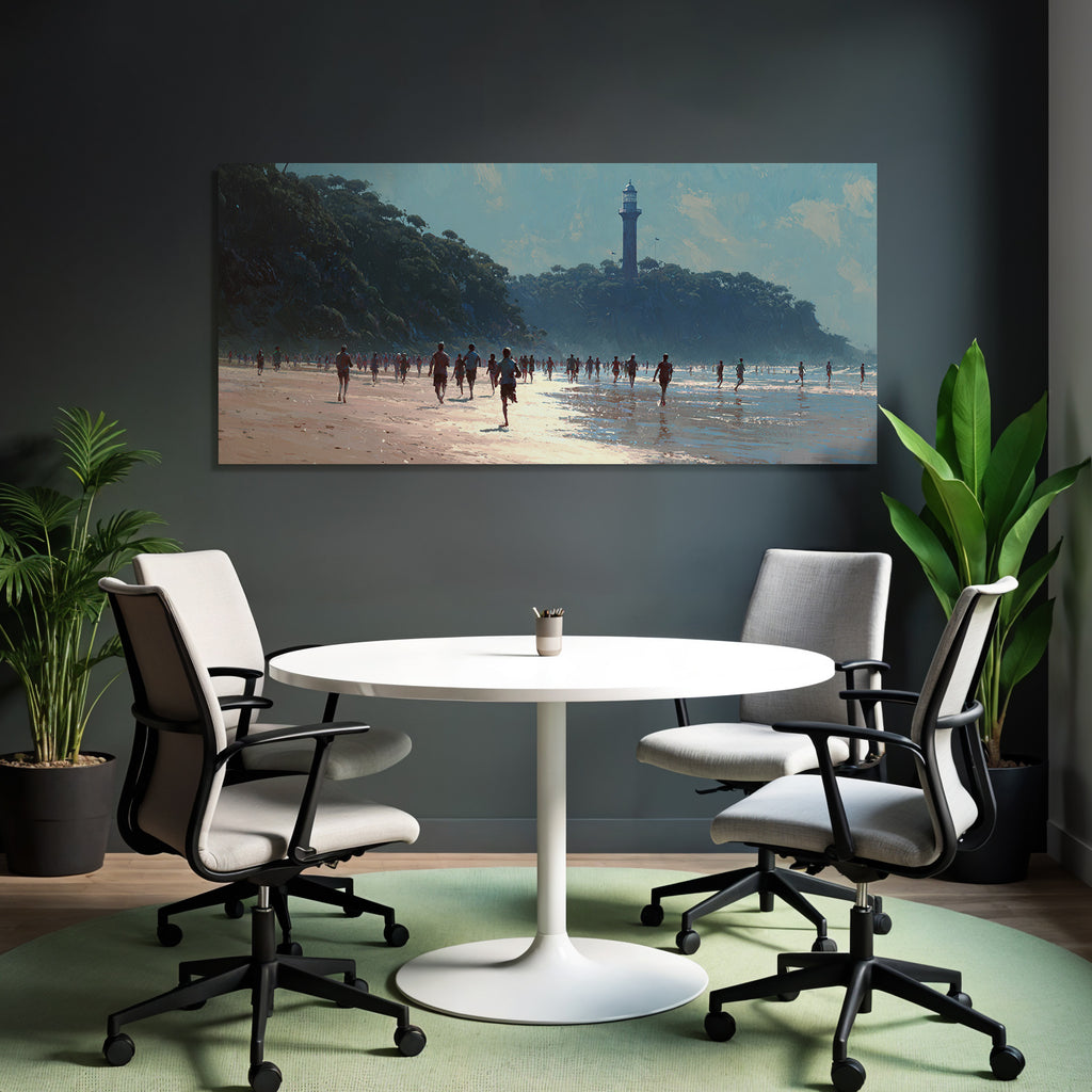 Beach Scene Mit Leuten Und Leuchtturm An Einem Sonnigen Tag