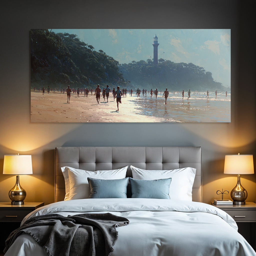 Beach Scene Mit Leuten Und Leuchtturm An Einem Sonnigen Tag