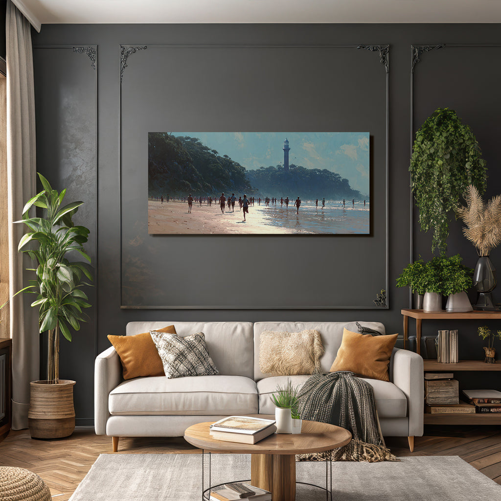 Beach Scene Mit Leuten Und Leuchtturm An Einem Sonnigen Tag