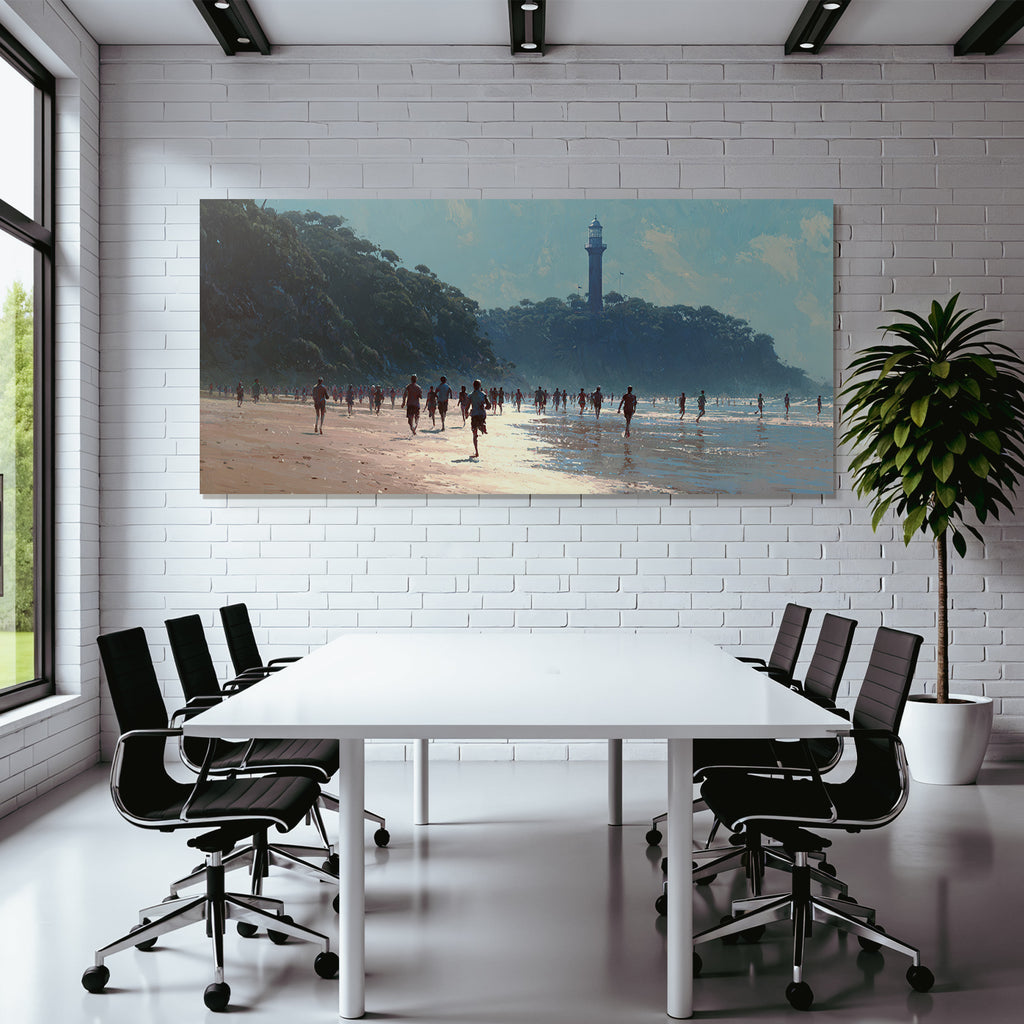 Beach Scene Mit Leuten Und Leuchtturm An Einem Sonnigen Tag