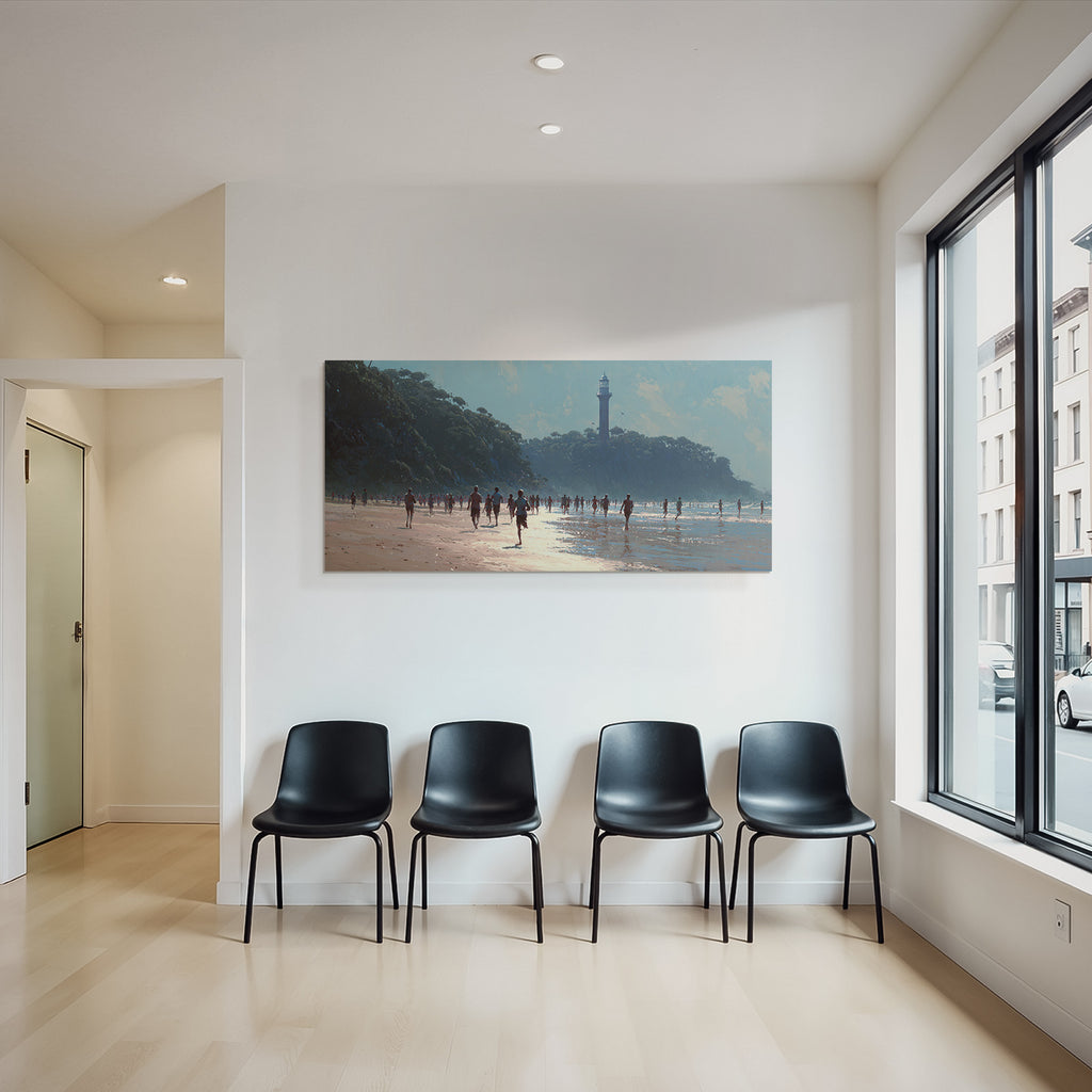 Beach Scene Mit Leuten Und Leuchtturm An Einem Sonnigen Tag