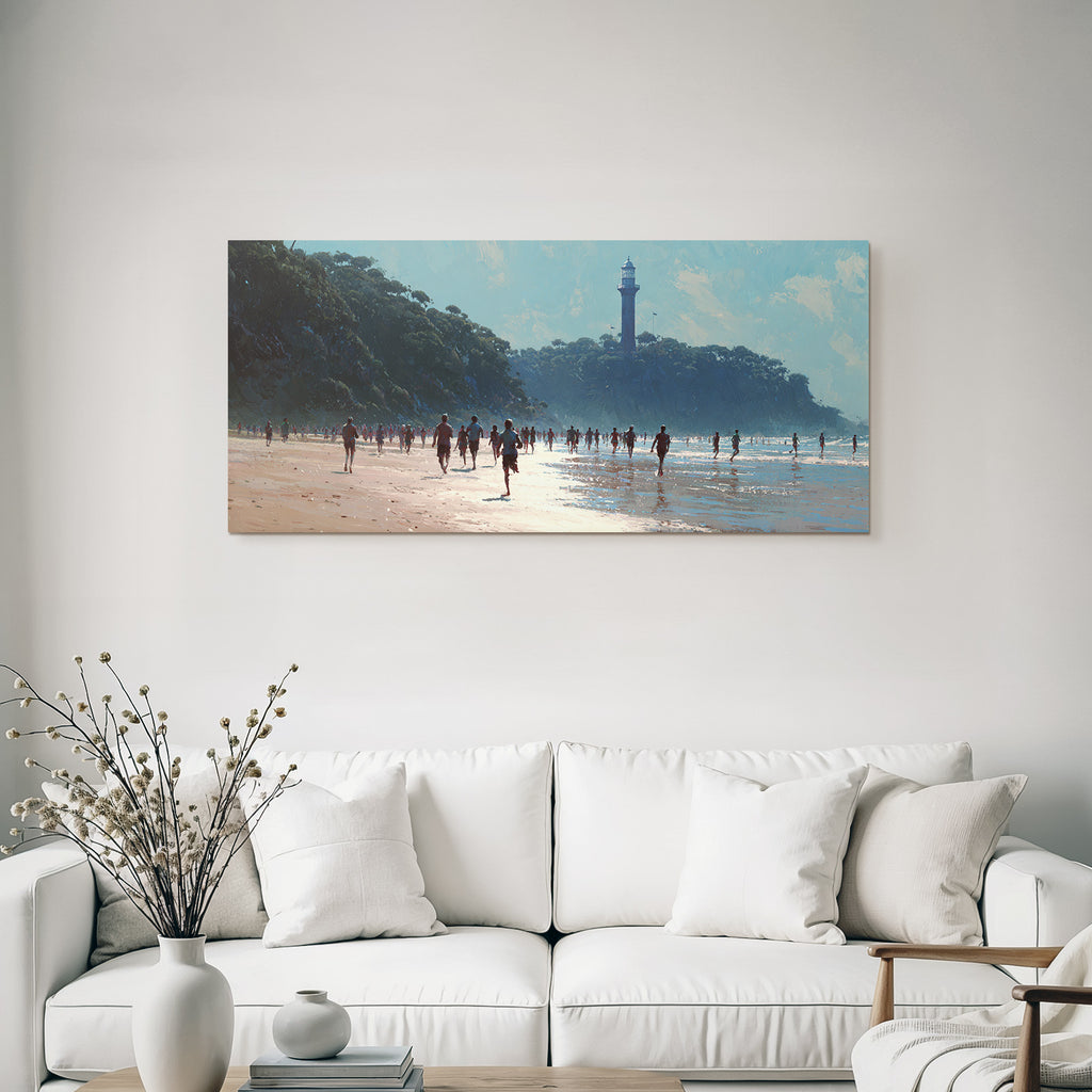 Beach Scene Mit Leuten Und Leuchtturm An Einem Sonnigen Tag