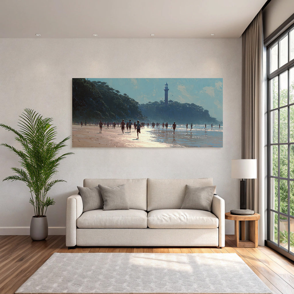 Beach Scene Mit Leuten Und Leuchtturm An Einem Sonnigen Tag